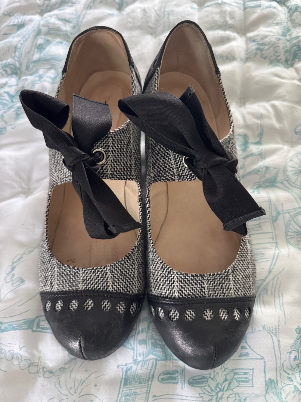 Black & White Tweed Mary Jane Heels with Black Ribbon